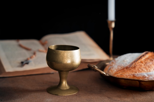 Free photo bread and wine arrangement still life