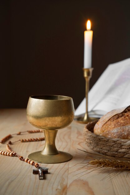 Bread and wine arrangement still life