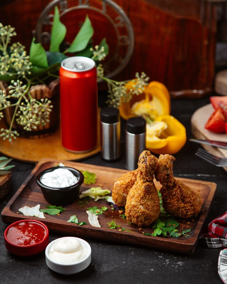 Free Photo breaded chicken legs served with sauces
