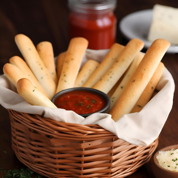 Free photo breadsticks with tomato sauce in a basket on a wooden background