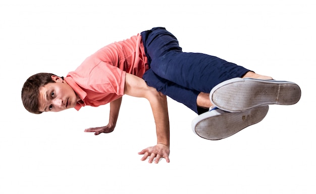 Free photo break dancer doing handstand against  white background