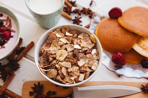 Breakfast decoration with top view of cereals