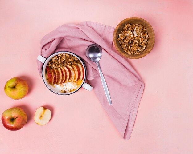 Breakfast fruit bowl in flat lay