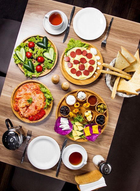 Breakfast set on the table top view