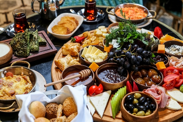 Breakfast set with arrangement of food