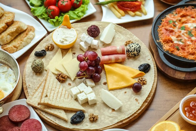 Breakfast set with arrangement of food