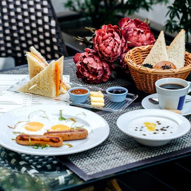 Breakfast set with various food