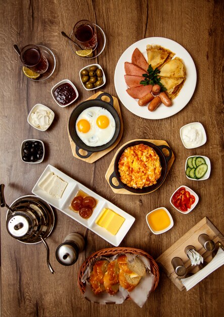 Breakfast set with various food