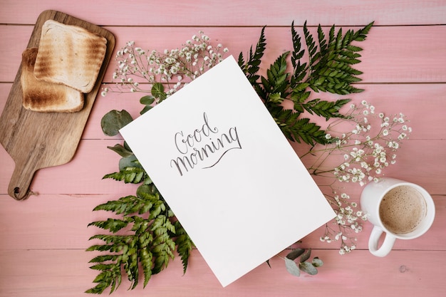 Breakfast template with coffee, bread and leaves