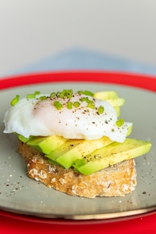 Breakfast of toast with avocado and poached egg