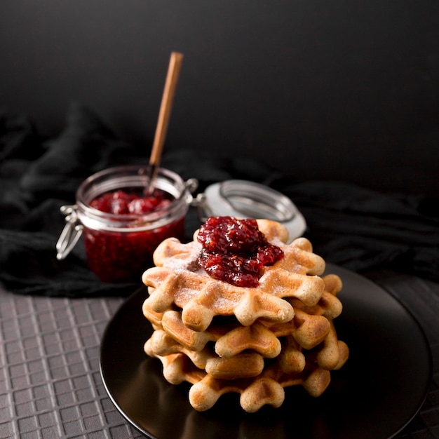 Breakfast waffles and raspberry jam