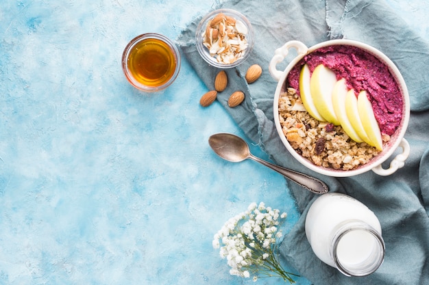 Breakfast with cereals and fruits