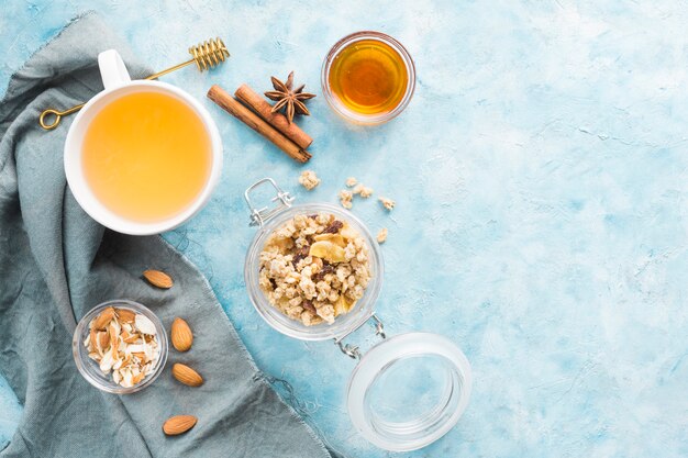 Breakfast with cereals and fruits