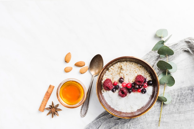 Breakfast with cereals and fruits