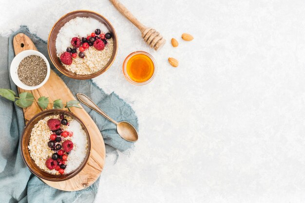 Breakfast with cereals and fruits