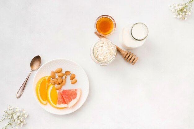 Breakfast with cereals and fruits
