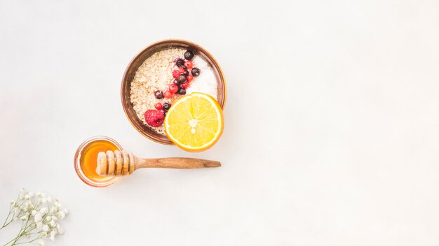 Breakfast with cereals and fruits