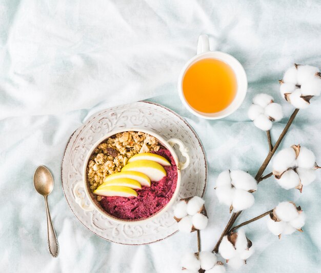 Breakfast with cereals and fruits