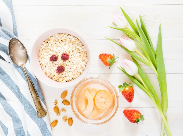 Breakfast with cereals and fruits