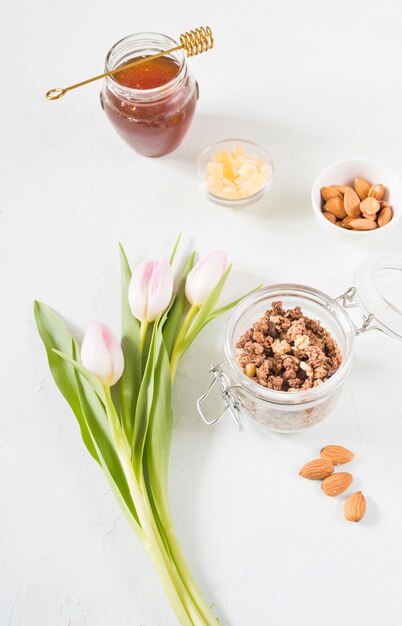 Breakfast with cereals and fruits