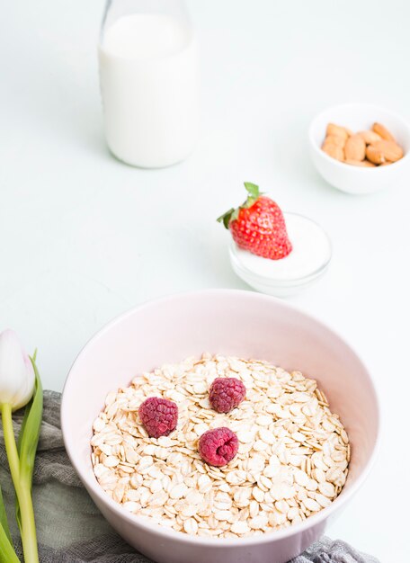 Breakfast with cereals and fruits