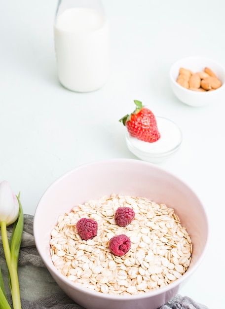 Breakfast with cereals and fruits