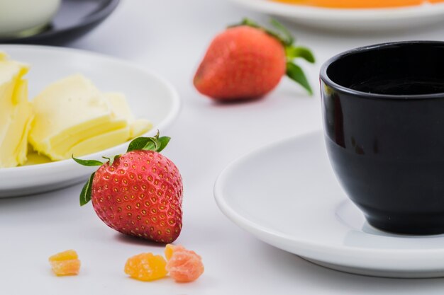 Breakfast with coffee cup and fruit