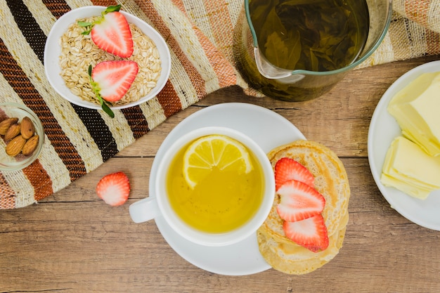 Breakfast with pancakes and strawberries