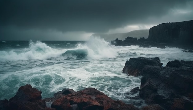 Breaking waves crash against rocky coastline awe inspiring generated by AI