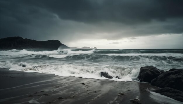 Breaking waves crash against rocky coastline dramatic beauty generated by AI