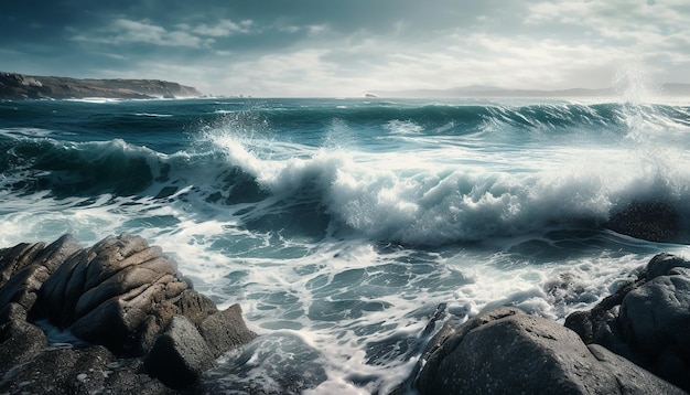 無料写真 砕波が岩の多い海岸線に衝突し、ai によって生成された水しぶきが飛び散る