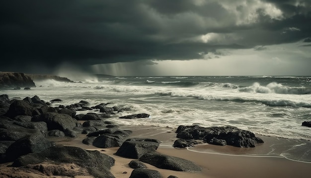 Free photo breaking waves splash against dark rocky cliffs generated by ai