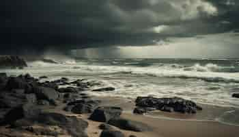 Free photo breaking waves splash against dark rocky cliffs generated by ai