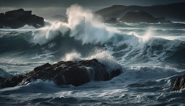 Breaking waves spray in blue waters beautiful landscape generated by AI