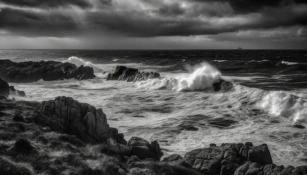 無料写真 aiによって生成された砕波は、岩の多い海岸に泡を吹き付けます