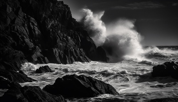 無料写真 aiによって生成された砕波が岩の多い海岸線に泡をスプレーします