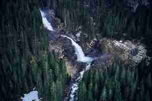 Foto gratuita colpo mozzafiato di alto angolo di una cascata su una roccia circondata da una foresta di abeti rossi alti