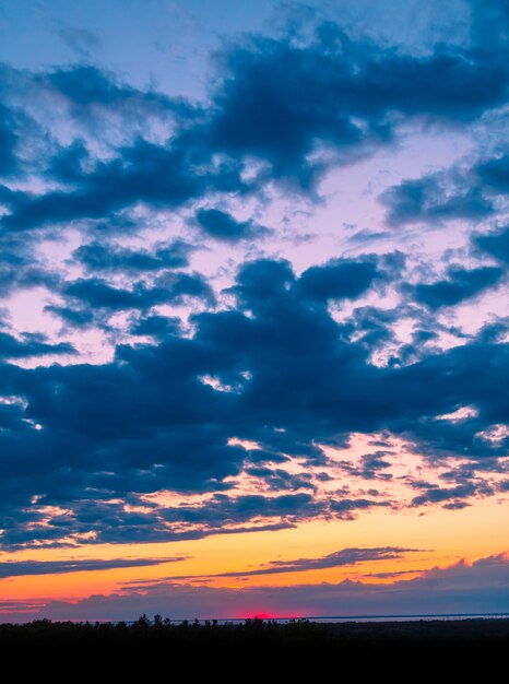 緑の木々のフィールドの上の美しい雲の息をのむような風景