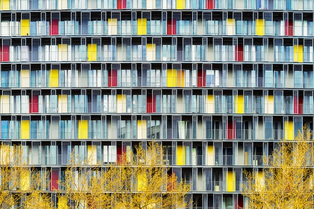 Foto gratuita scenario mozzafiato di un edificio con porte colorate nel mezzo di una città durante l'autunno