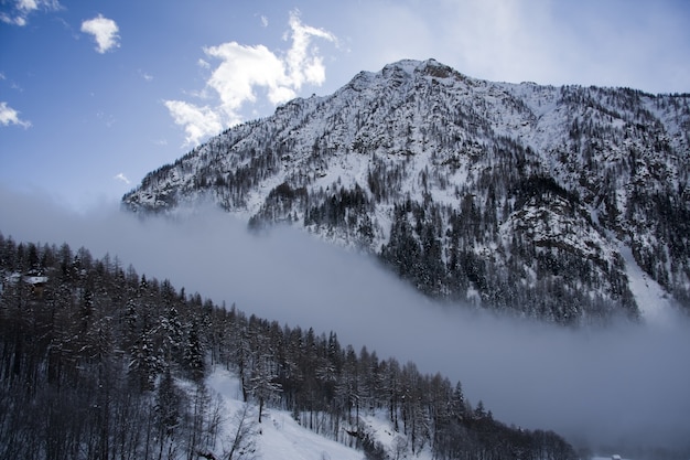 風光明媚な曇り空の下、雪をかぶった山々の息を呑むような景色