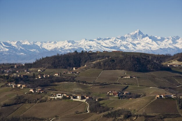 Breathtaking shot of the houses with the snow-capped mountains