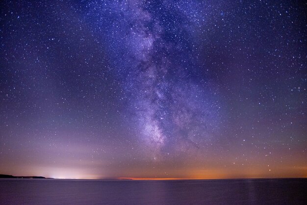 breathtaking shot of the sea under a dark and purple sky filled with stars