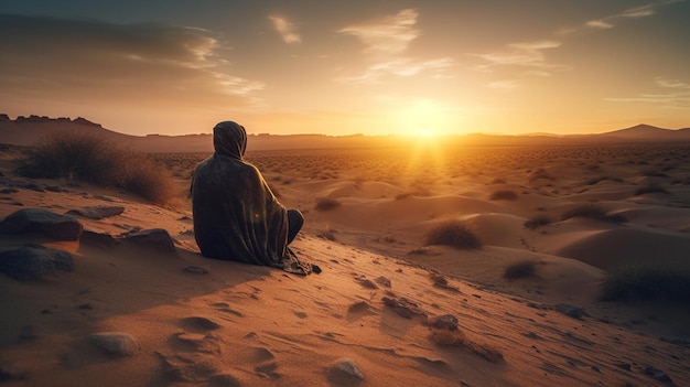 Free photo a breathtaking sunset casting golden hues over the vast desert expanse