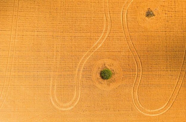 晴れた日の農地と耕作地の息を呑むようなトップビュードローン写真