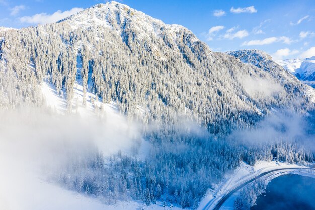昼間は雪に覆われた森林に覆われた山々の息を呑むような景色