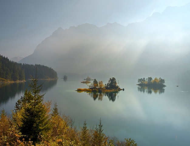 Breathtaking view of Zugspitze lake surrounded with forests in Eibsee