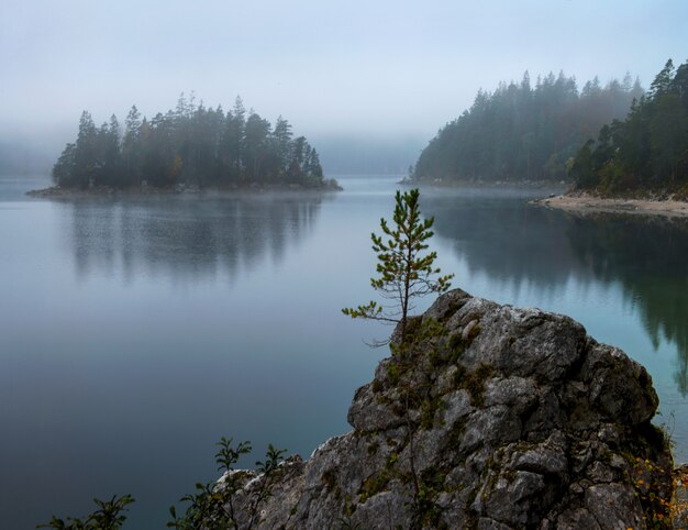 Breathtaking view of Zugspitze lake surrounded with forests in Eibsee