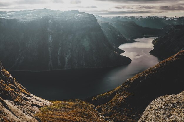 Breathtaking views of Norwegian national park, river and fjords at bright day.