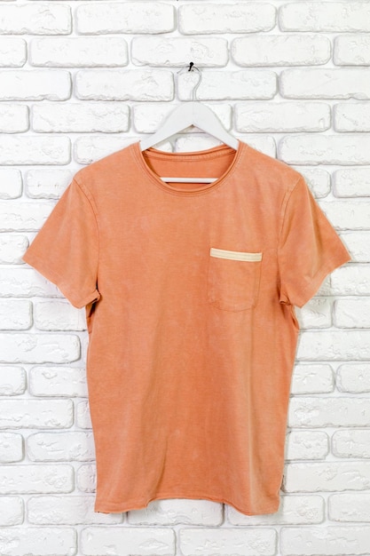 Free photo brick whitewashed wall with t-shirt on hanger