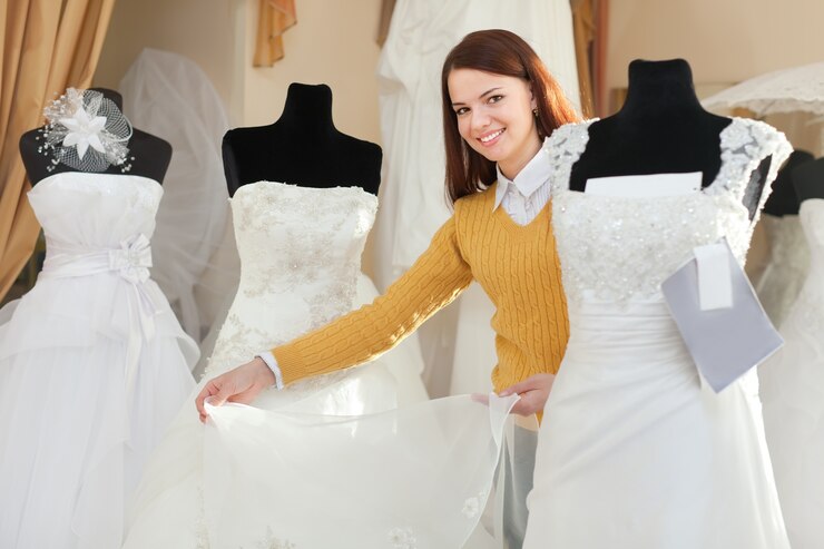 Free Photo bride chooses wedding gown at bridal boutique